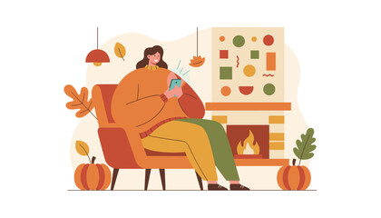 Cozy autumn scene Woman relaxing by the fireplace using her smartphone Fall lifestyle vector illustration