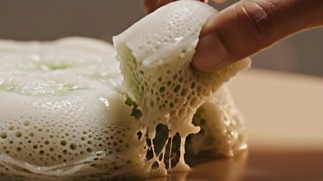 Close-up of hands preparing traditional Moroccan msemen pancakes, showing the unique texture and cooking process.