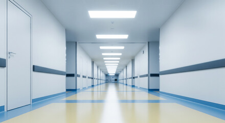 Obraz premium Empty hospital hallway with doors and bright overhead lights