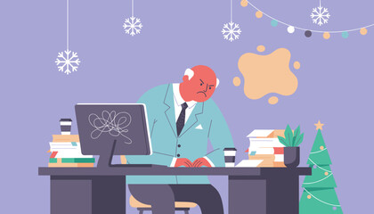 Grumpy boss works through holidays dealing with stressful office workload and deadlines