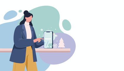 Woman uses smartphone for holiday commerce surrounded by winter snowflakes Vector illustration