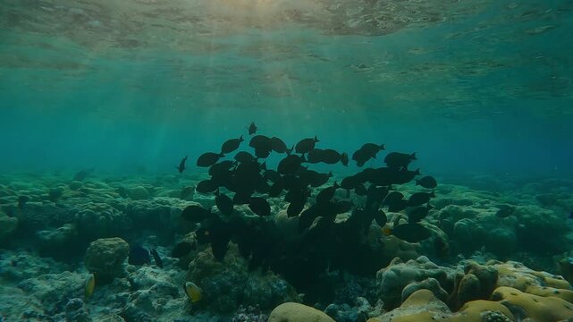 Silhouettes of a school of brown surgeonfish, Acanthurus nigrofuscus formed into a ball feeding on the top of an inner reef in the evening back light at sunset 