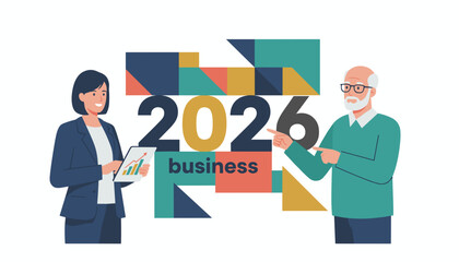 Business planning 2026 Teamwork financial goals and market growth concept illustration