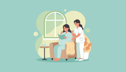 Pregnant woman reading peacefully while receiving gentle prenatal care from a nurse