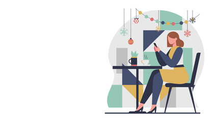 Professional woman uses her smartphone in a modern festive cafe setting Winter break concept