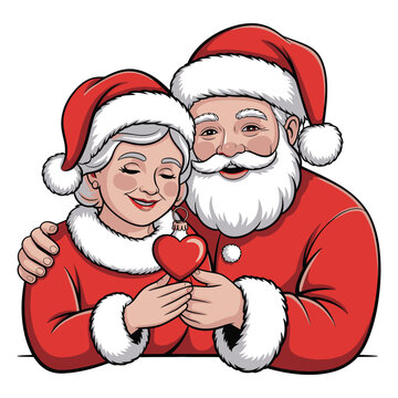 Cartoon santa and mrs claus holding heart ornament with arms around each other on transparent background