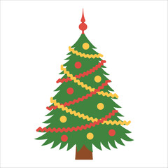 Simple full Christmas tree decorated with wavy garlands and bright ornaments. Playful festive illustration for card, banner, kids, holiday designs. Flat vector. Hand drawn. Isolated background.