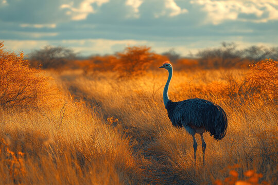 An ostrich standing among dry grass in the golden light of sunset.