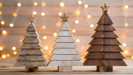 Christmas wooden trees with eco friendly design create warm festive atmosphere with glowing lights in background