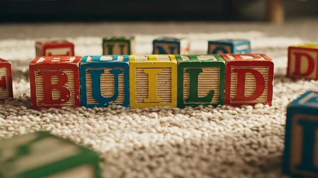 Toy blocks spelling BUILD on carpet, childhood development concept