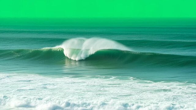 Ocean wave breaking on a green background. Sea surf with white foam and water spray for chromakey composting.