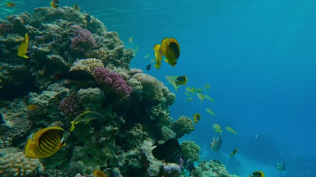 Many different colorful tropical fish swim on the outer reef on blue water background. Marine life on fore reef, slow motion 