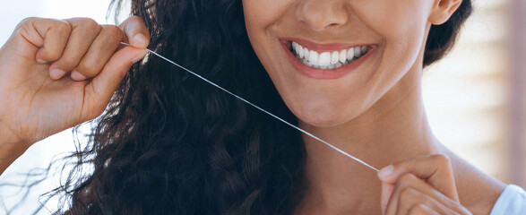 A woman with curly hair smiles as she demonstrates how to use dental floss. The scene is well-lit,...