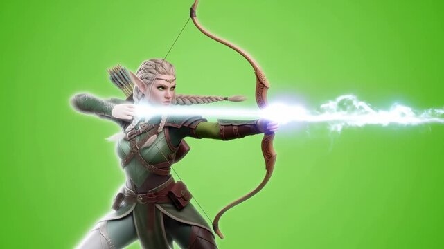 Elf warrior woman prepares and shoots a glowing arrow from a bow in an action sequence on a green screen.