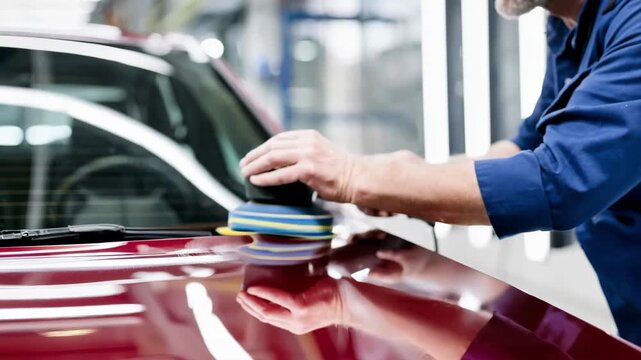 Medium shot of a technician inspecting the polished surface after using a compact polisher ensuring the minor scratches have been effectively removed.