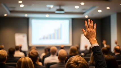 Audience Member Raises Hand During Business Presentation with Projection Screen.