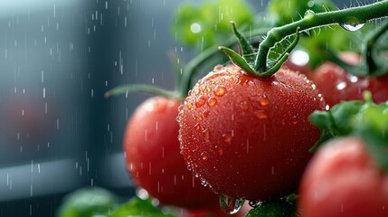Close-up of ripe tomatoes with water droplets, simulating rain. Fresh, vibrant, and natural, perfect for food and nature concepts.