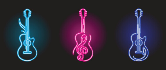 neon effect guitar icon set. Neon light glow effect. Acoustic guitar line icon. Music sign, Guitar live music and performance, guitar play party, musical festival