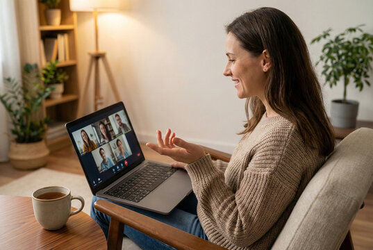 Woman sitting at home engaged in a video call on laptop with multiple people, smiling and chatting in a cozy living room with warm lighting and a cup of tea nearby