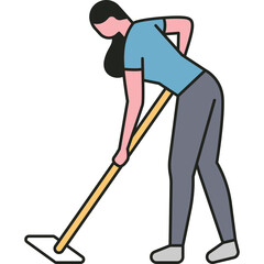 Woman In Blue Shirt And Gray Pants Mopping Floor With Yellow Handle Mop On Transparent Background