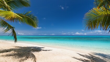 Obraz premium Serene Tropical Beach Paradise With Palm Fronds Overlooking Turquoise Ocean Waters