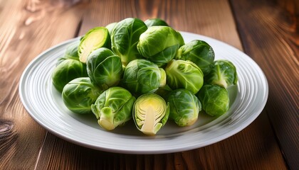 fresh brussels sprouts on a white plate with wooden background close up