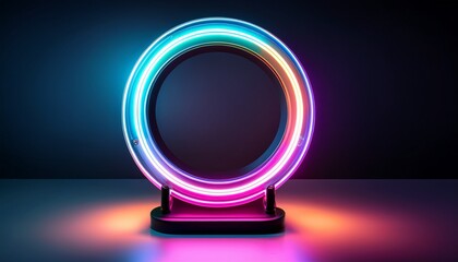 a neon light ring lamp with a circular light ring and a black base