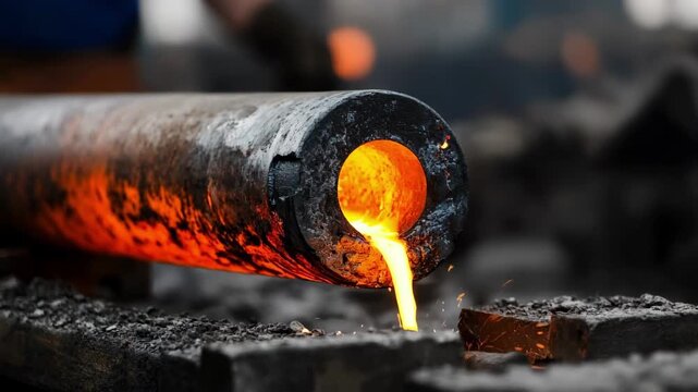 Medium shot of molten metal being pushed through a round die forming smooth hollow metal tubes in an industrial extrusion process