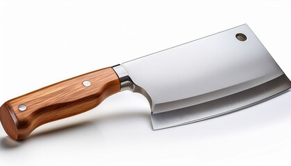 large sharp cleaver knife with wooden handle isolated on white background ideal for butchers and meat processing