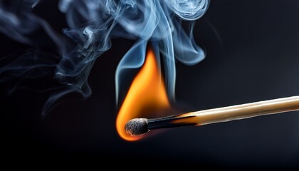 a burning matchstick with smoke on a dark background