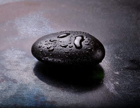 a black pebble on a wet surface