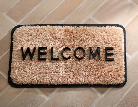 a welcome mat with welcome in black letters on a beige background