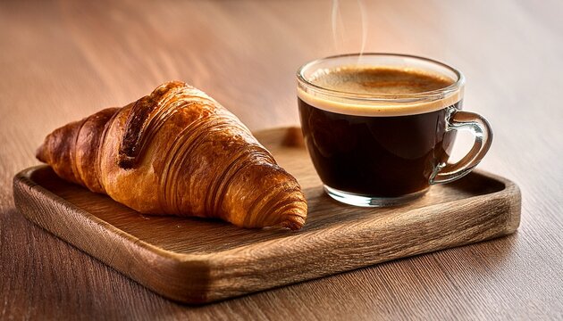coffee with croissants on a wooden tray