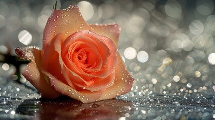 Elegant pastel pink rose on glittery surface with dreamy background for romantic valentine vibes