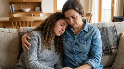 Mother comforting her crying daughter on the couch, showing emotional support and empathy in a moment of sadness at home