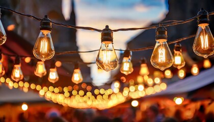 a string of warm toned light bulbs hangs above a bustling street market
