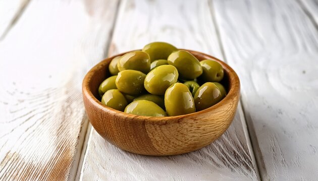 green olives in a wooden bowl on a white wooden background close up