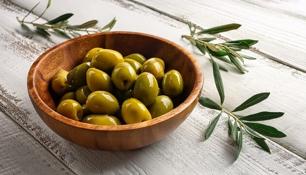 fresh green olives in a wooden bowl displayed on a rustic white wooden surface