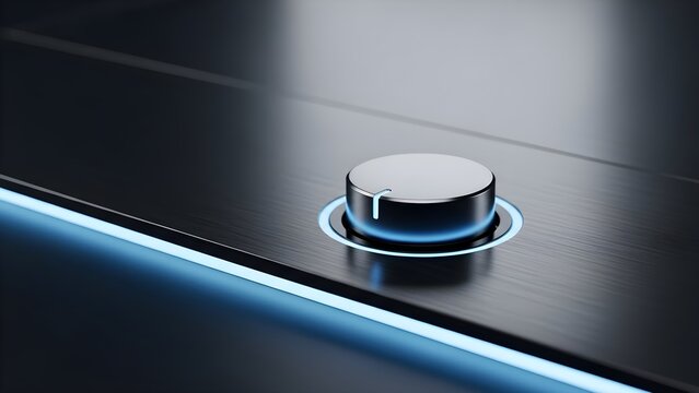 Closeup of a sleek modern control knob with blue LED lighting on a dark reflective surface. - Powered by Adobe