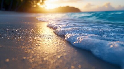 Close-up of ocean waves crashing onto a sandy beach at sunset, creating a serene and peaceful atmosphere.