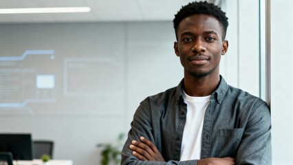 Fototapeta premium Young Black Tech Professional, Arms-Crossed Headshot in Modern Office