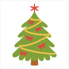Simple small Christmas tree with golden beads and red bows. Cozy and cute festive illustration for card, banner, kids, winter designs and holiday decor. Flat vector. Hand drawn. Isolated background.