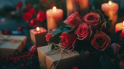 Obraz premium Romantic arrangement of red roses and gift boxes with warm candles for valentine s day celebration