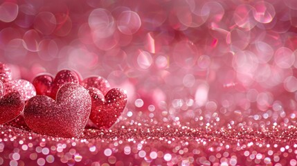Romantic pink glitter background with heart shaped bokeh lights and soft dreamy texture