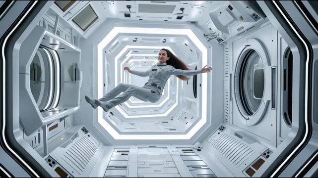 Woman in spacesuit floats in weightlessness inside spaceship, astronaut in space station, concept of people in ship interior