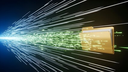 Digital Data Transfer Through Fiber Optics to a Folder Icon.