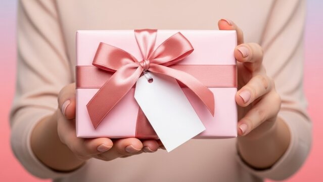 Close-up of female hands holding a pink gift box with a satin bow and blank tag for custom text. Light, gentle background ideal for Mother's Day, Valentine's, beauty, and greeting promotions.