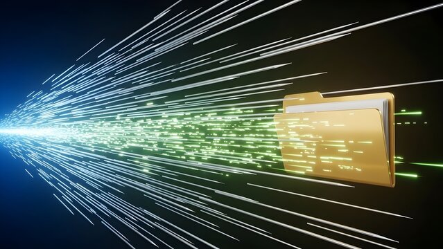 Digital Data Transfer Through Fiber Optics to a Folder Icon.