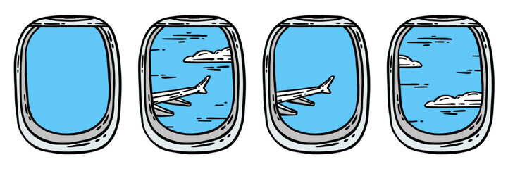 Illustration of Airplane View Through a Cabin Window Featuring Blue Sky