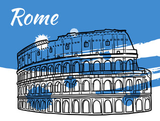Line art drawing of Colosseum in Rome, Italy, architecture tourism landmark, travel destination illustration